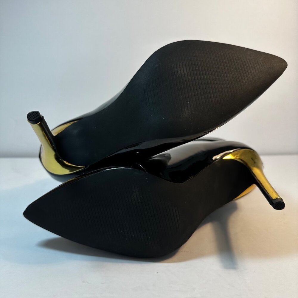 Shoe Dazzle Black Patent Leather Gold Heeled Ankle Boots Zipper Lock Detail 6.5 - Picture 6 of 8